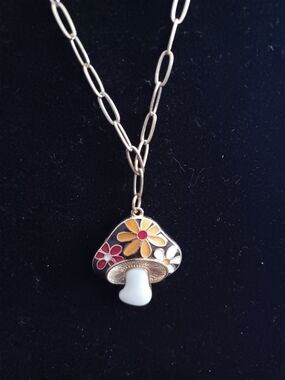 Gold-Tone Floral Mushroom Pendant Necklace - Yellow, Red, White 20" Paperclip